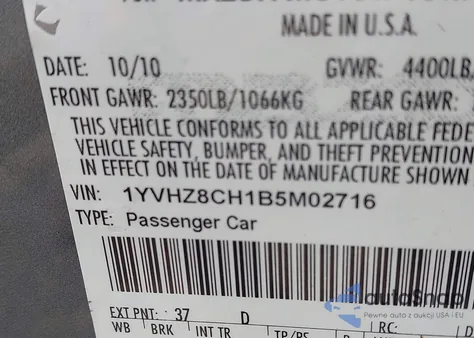 2011 Mazda Mazda6 I Touring из США, поврежденный, VIN 1YVHZ8CH1B5M02716